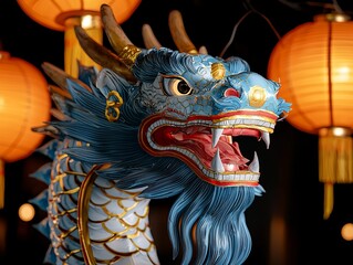 A vibrant blue dragon sculpture surrounded by glowing lanterns, symbolizing cultural heritage and celebration.
