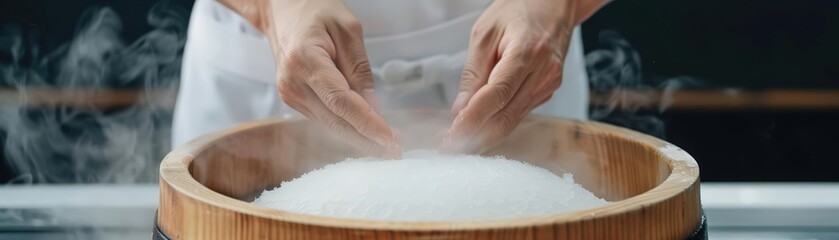 Close-up RAW Style of Traditional Japanese mochi pounding, sticky rice cake