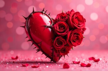 A red textured heart, one side of which consists of red rosebuds, the other side of the heart is covered with thorns in the center close-up on a pink background with red stones at the bottom. The conc