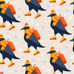 Vector seamless pattern with cute ravens in bright winter hat and scarf with backpack on light snowy background