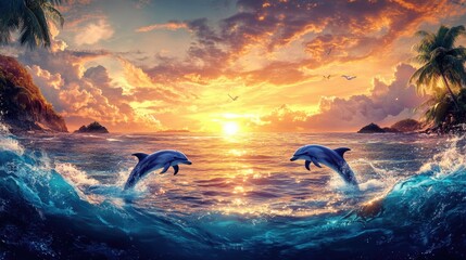 Fototapeta premium A serene view of the ocean with dolphins jumping, a colorful sunset sky, and tropical islands, radiating the world natural beauty.