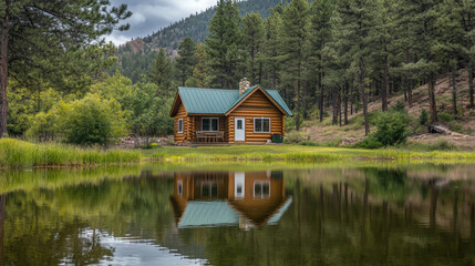 Fototapeta premium Log cabin reflected in a calm pond, nestled in a forest.