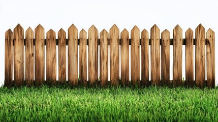 A wooden minimalist fence with natural tones, surrounded by green grass and a plain white background, highlighting its simple design