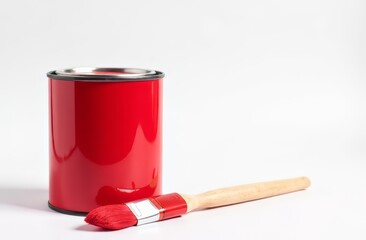 The can of red paint is on the left, next to it is a paint brush with space for text. The concept of repair, painting the walls.