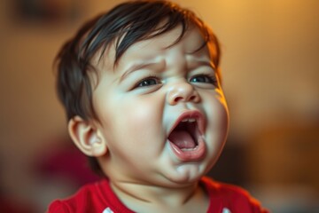 A toddler releases a big yawn, showcasing an adorable facial expression. The warm indoor light creates a comfortable atmosphere in the background