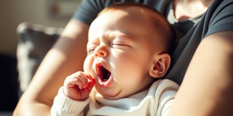 A delighted baby yawns widely while sitting comfortably in a caregiver's arms, enjoying a warm and sunny afternoon indoors, radiating cuteness