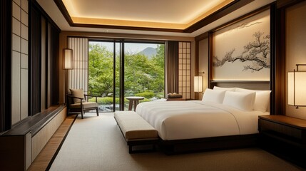 Traditional Japanese suite with tatami mats, shoji screens, and a serene garden view