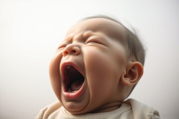 A baby yawns widely, showcasing adorable facial expressions, illuminated by gentle sunlight during a cozy afternoon at home, radiating innocence