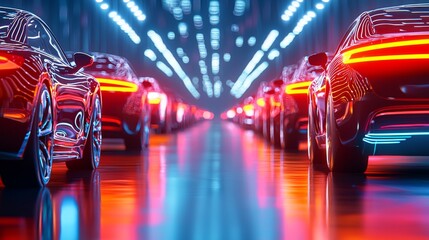 Seamless self-driving car fleet on a futuristic highway urban environment technology showcase