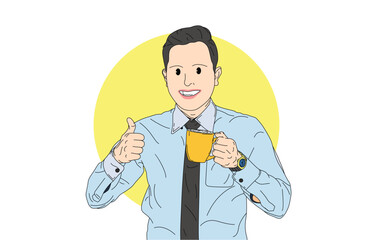 Illustration of a man in office clothes holding a cup of coffee during a break after work.