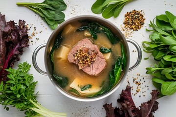 A top view shot of a yummy meat soup with greens and seasonings
