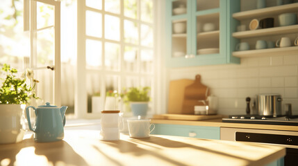 Bright and inviting kitchen with sunlight streaming through windows and fresh plants on display in a cozy setting