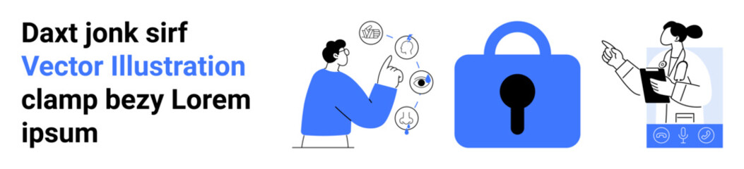 Person analyzing data on a smartphone, blue padlock security icon, and doctor providing online consultation. Ideal for data analysis, security, healthcare applications, telemedicine, online services