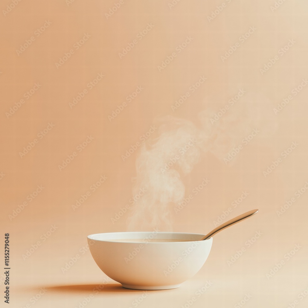 Poster Warm and inviting soup bowl with steam curls and spoon on a minimalist background ready for a cozy meal. Generative AI