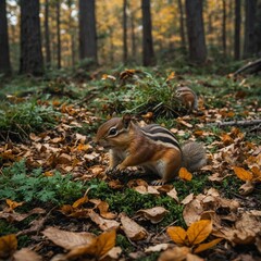A family of chipmunks collecting nuts on a forest floor blanketed with leaves.