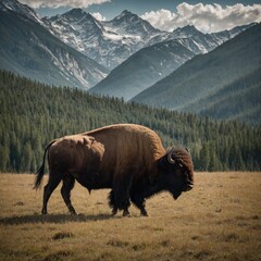 A bison grazing in an open forest clearing with distant mountains.