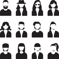 Vector set of different male and female icons in trendy flat style. People heads and faces images collection.