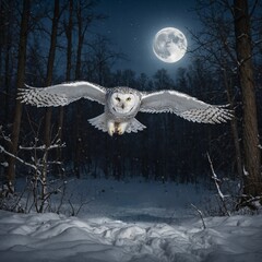 A snow owl flying gracefully through a snowy forest under moonlight.