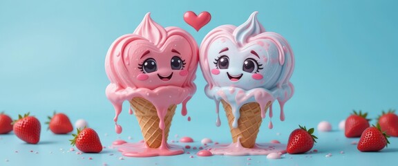 Fototapeta premium Cute smiling pink and blue ice cream cones with expressive faces, surrounded by strawberries on a blue background.