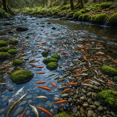 A school of fish swimming in a forest stream surrounded by pebbles and moss.