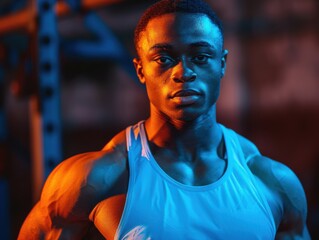 A muscular young man in sportswear stands confidently in a gym setting, illuminated by dramatic blue and orange lighting.