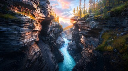 Majestic Mountain River Gorge Autumn Sunset Landscape Photography