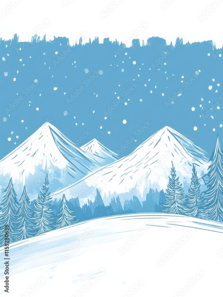 Aufkleber winter doodle of snowy mountains and pine trees with mockup design space for minimalist style. gener