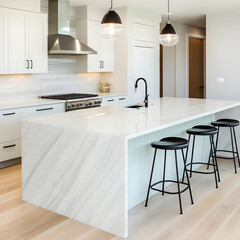 Modern Kitchen Island, White Marble, Minimalist Design
