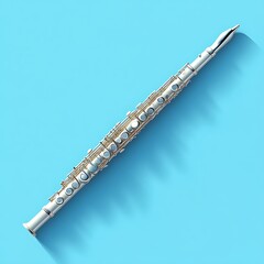 Fototapeta premium A Silver Flute Rests Against A Light Blue Background