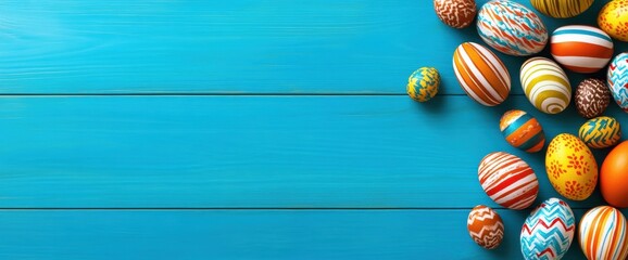 A vibrant collection of decorated Easter eggs is artfully displayed on a bright turquoise background, creating an artistic setting that captures the essence of joyful springtime celebrations