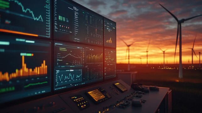 futuristic wind turbines farm or wind power plant with Scada system computer screen monitoring at operations controller room for operator engineer teamwork.