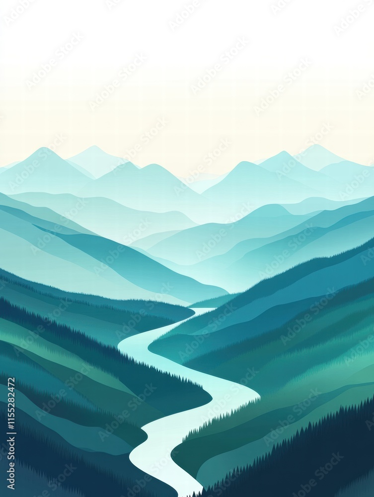 Aufkleber Majestic mountain range with a winding river and minimalist design for creative text placement. Generative AI