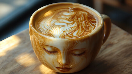 Latte Art Masterpiece: Intricate Face Design in Coffee Foam for Creative Inspiration