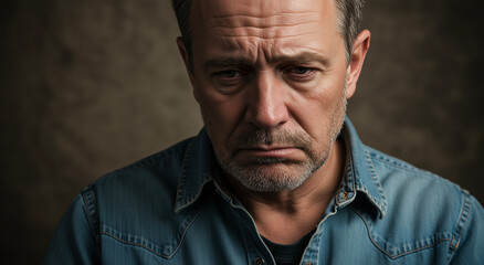 Obraz premium Sad, portrait and mature hispanic man with emotion, depression and mental health concept. Face, grief and anxiety with person in closeup for loneliness or pain