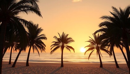 Palm Trees Silhouette at Sunset on a Sandy Beach