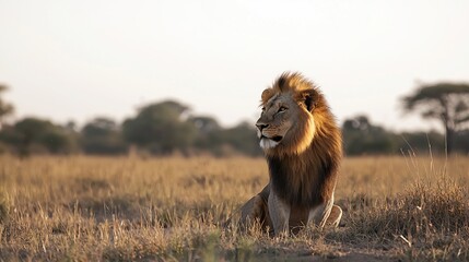 a lion sits in the savannah at sunset