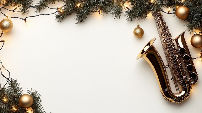 Festive saxophone with lights and ornaments on white.