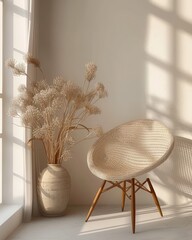 Sunlit room with wicker chair, dried flowers in a vase.