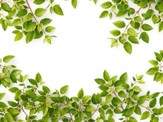 Vibrant green leaves form a lush border around a pristine white background, ecology, decoration