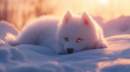 Fototapeta premium A fluffy Samoyed puppy lying on a snowy hill, its white fur blending with the snow, and its face lit by the warm glow of the sun.