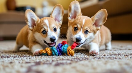 A pair of Corgi puppies, their short legs and perky ears highlighted, playing tug-of-war with a colorful rope toy on a living room carpet.