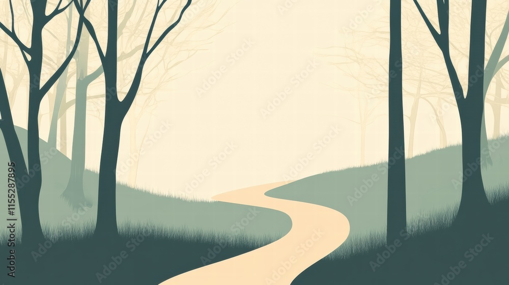 Poster minimalist forest path inviting exploration through tranquil wilderness landscape. generative ai