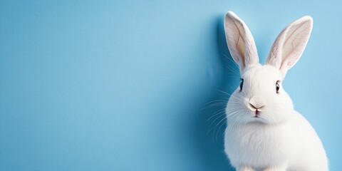 Obraz premium A fluffy white rabbit against a pastel blue backdrop embodies Easters spirit, radiating joy and charm. This delightful symbol of renewal captures the innocence and celebration of the holiday