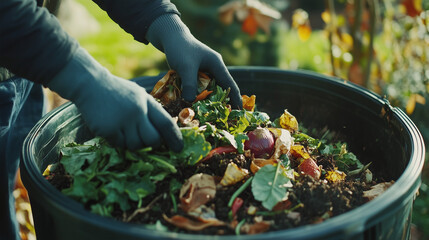 Person wearing gloves throwing food and yard scraps into a residential compost bin.Decomposing organic matter rich in nutrients and beneficial organisms.
