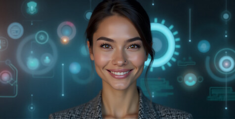 A female virtual assistant stands confidently in front of a dynamic digital backdrop filled with neon lights, futuristic icons, and circuit patterns that represent modern technology