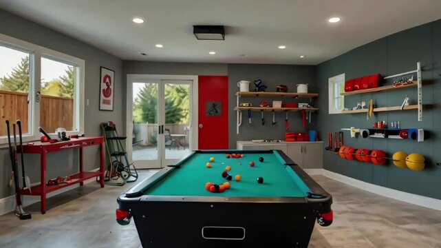 Billiard table with balls and cue in a game room