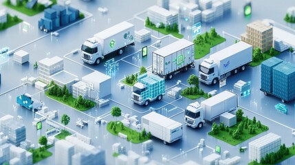 Connected trucks, city, logistics network, efficient delivery.