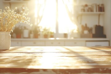 Empty wooden table with bright white interior of kitchen as blurred background behind golden sunshin bokeh 