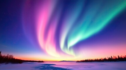 Stunning Display of Northern Lights Over Frozen Landscape with Colorful Aurora Borealis and Tinted Sky at Dusk in Winter Wonderland