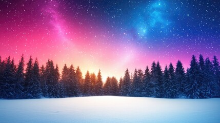 Fototapeta premium Vivid Night Sky Over Snowy Landscape with Colorful Stars and Pine Trees Under a Captivating Gradient of Pink and Blue Hues